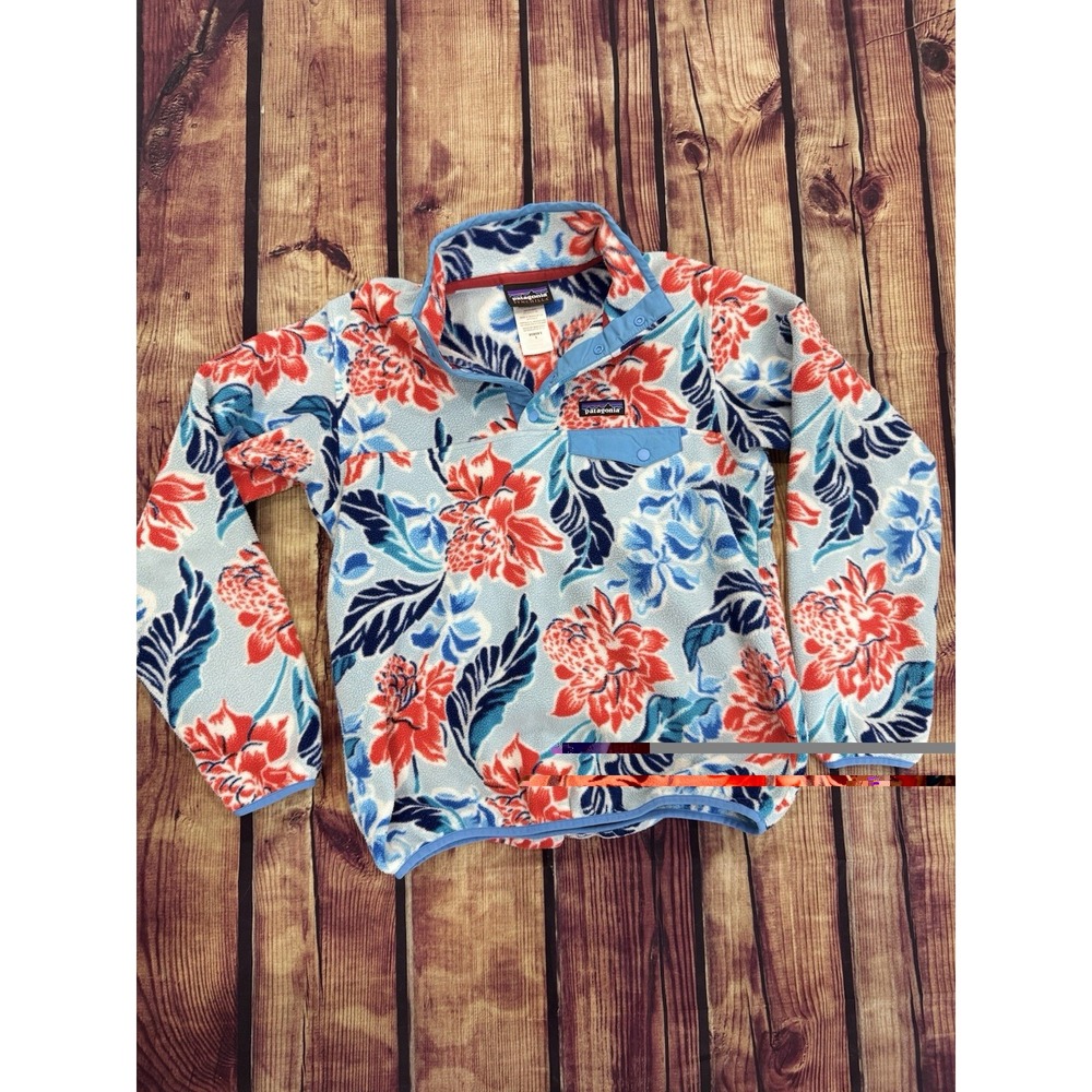 Patagonia Synchilla Women's S Blue/Red/White Floral Fleece 1/4 Snap Pullover